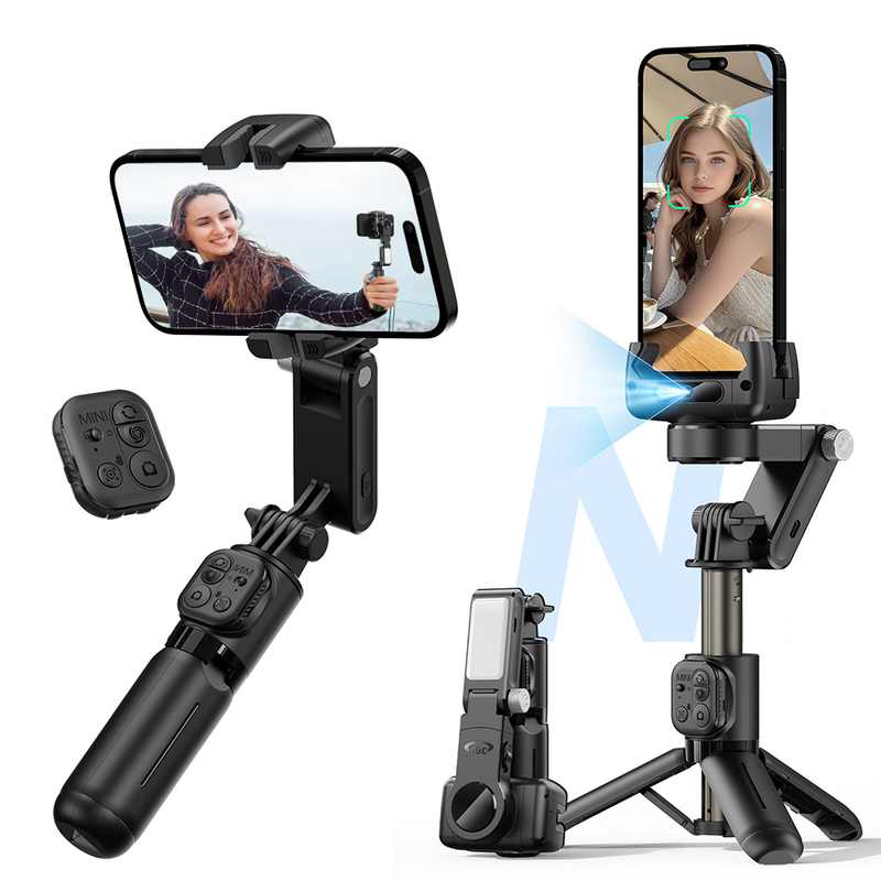 Q19 360° Smartphone Gimbal Stabilizer with AI Face Tracking, Fill Light, Extendable Selfie Stick Tripod