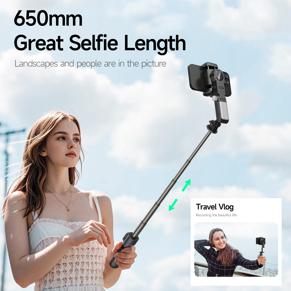 Q19 360° Smartphone Gimbal Stabilizer with AI Face Tracking, Fill Light, Extendable Selfie Stick Tripod