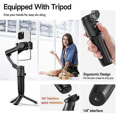 neQra M05-AI-PRO-3 Axis Gimbal Stabilizer for Smartphone AI Tracking Camera Fill Light Full Func. Remote 7 Shooting Modes Extension Rod and Tripod. Best for for YouTube Insta Travel Action Adventure