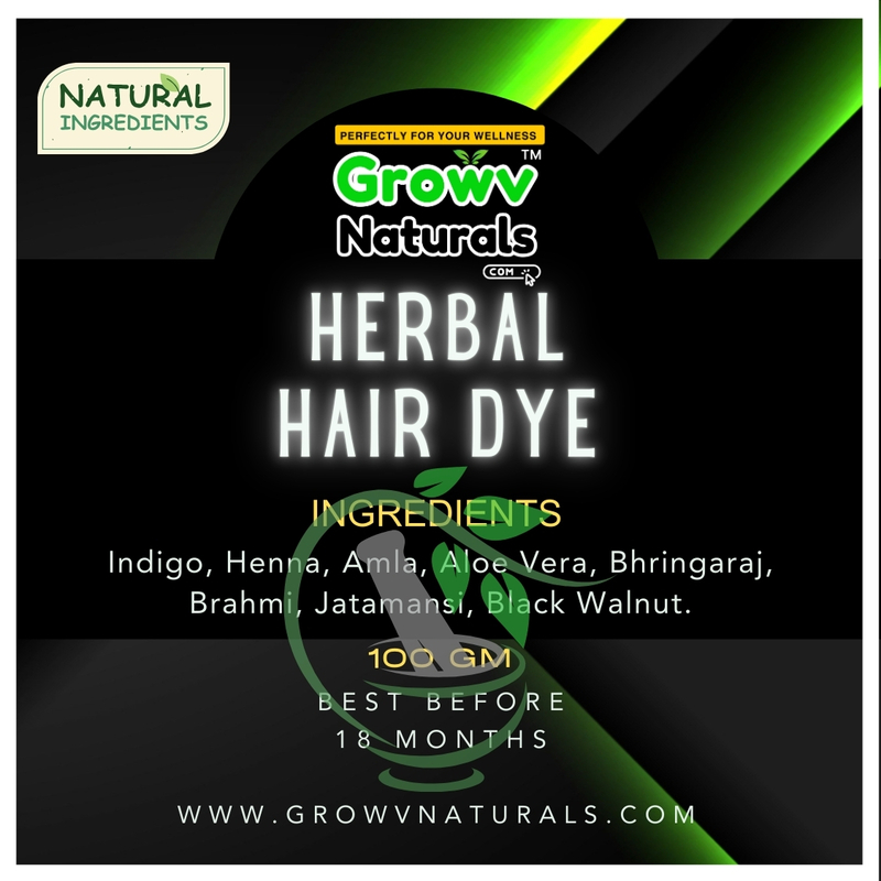 Growv Naturals Herbal Hair Dye Powder Black Color with Indigo and Henna 100 g