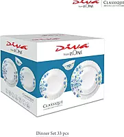 LAOPALA Pack of 33 Opalware Diva Classique Blue Daisy Hygienic & Dishwasher safe Dinner Set