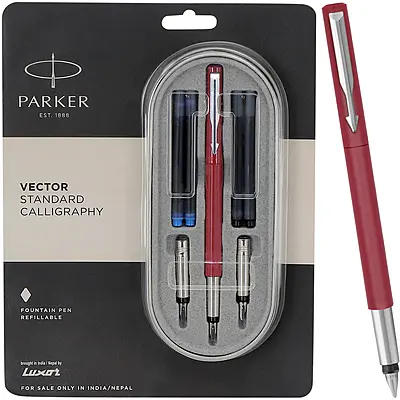 PARKER VECTOR STA CALLIGRAPHY CHROME TRIM FOUNTAIN PEN MAROON BODY