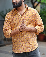 Rawscal Men’s Printed Cotton Shirt – Mustard Ethnic Camel Print | Full Sleeves