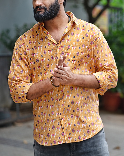 Rawscal Men’s Printed Cotton Shirt – Mustard Ethnic Camel Print | Full Sleeves