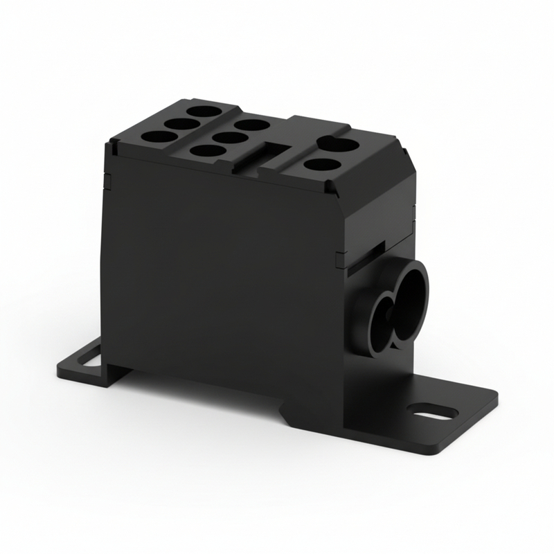 DBD 35 - Polyamide Distribution block for 1 incoming (35 sq.mm/125 Amps) and 7 outgoing (1 o/g of 16 sq.mm. and 6 o/g of 10 sq.mm.) application.