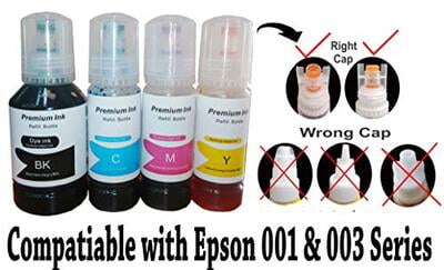001 / 003 Refill Ink for EPSON Ink Tank Printer BK 127 ml & CMY 70 ML Dye Ink Each 001 / 003 Refill Ink for EPSON Ink Tank Printer BK 127 ml & CMY 70 ML Dye Ink Each