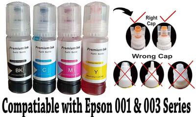 001 / 003 Refill Ink for EPSON Ink Tank Printer BKCMY 70 ML Dye Ink Each 001 / 003 Refill Ink for EPSON Ink Tank Printer BKCMY 70 ML Dye Ink Each