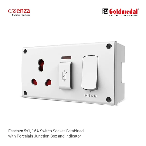 16A Switch Socket with Junction Box | Modular 5 in 1 Combined Plate with Switch & Indicator | Heavy-Duty Power Socket
