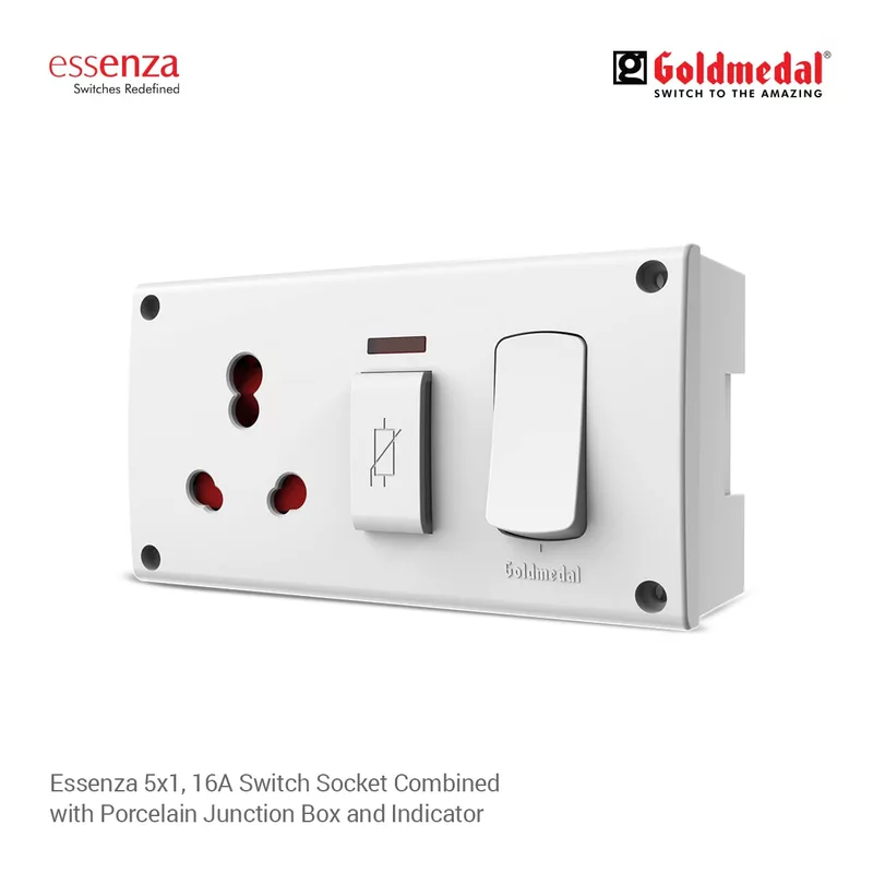 16A Switch Socket with Junction Box | Modular 5 in 1 Combined Plate with Switch & Indicator | Heavy-Duty Power Socket