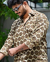 Rawscal Men’s Printed Cotton Shirt – Beige & Brown Ethnic Motif | Full Sleeves