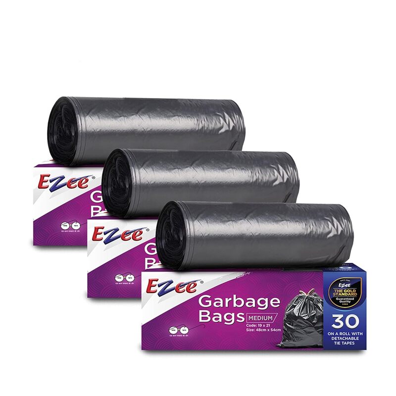 Ezee  Black Garbage Bags for Dustbin|90 Pcs|Medium 19 X 21 Inches|30 Pcs X Pack of 3, 3 count