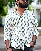 Rawscal Men’s Printed Cotton Shirt – White & Green | Full Sleeves shirt