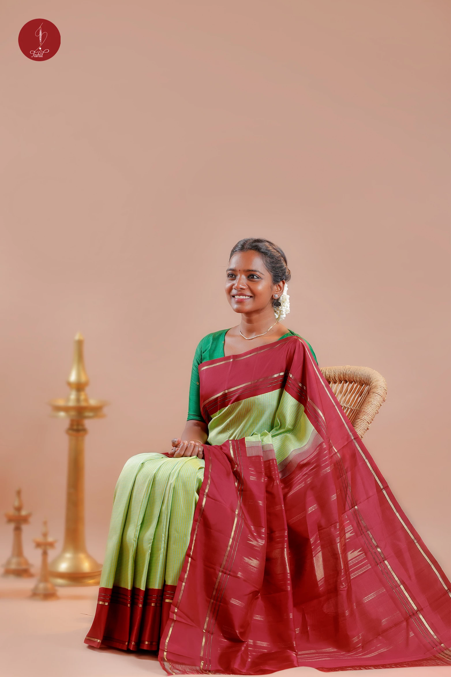 Handloom Kanchipuram Silk Saree - Podi Kattam - Pista-Mustard with Maroon (MS051)