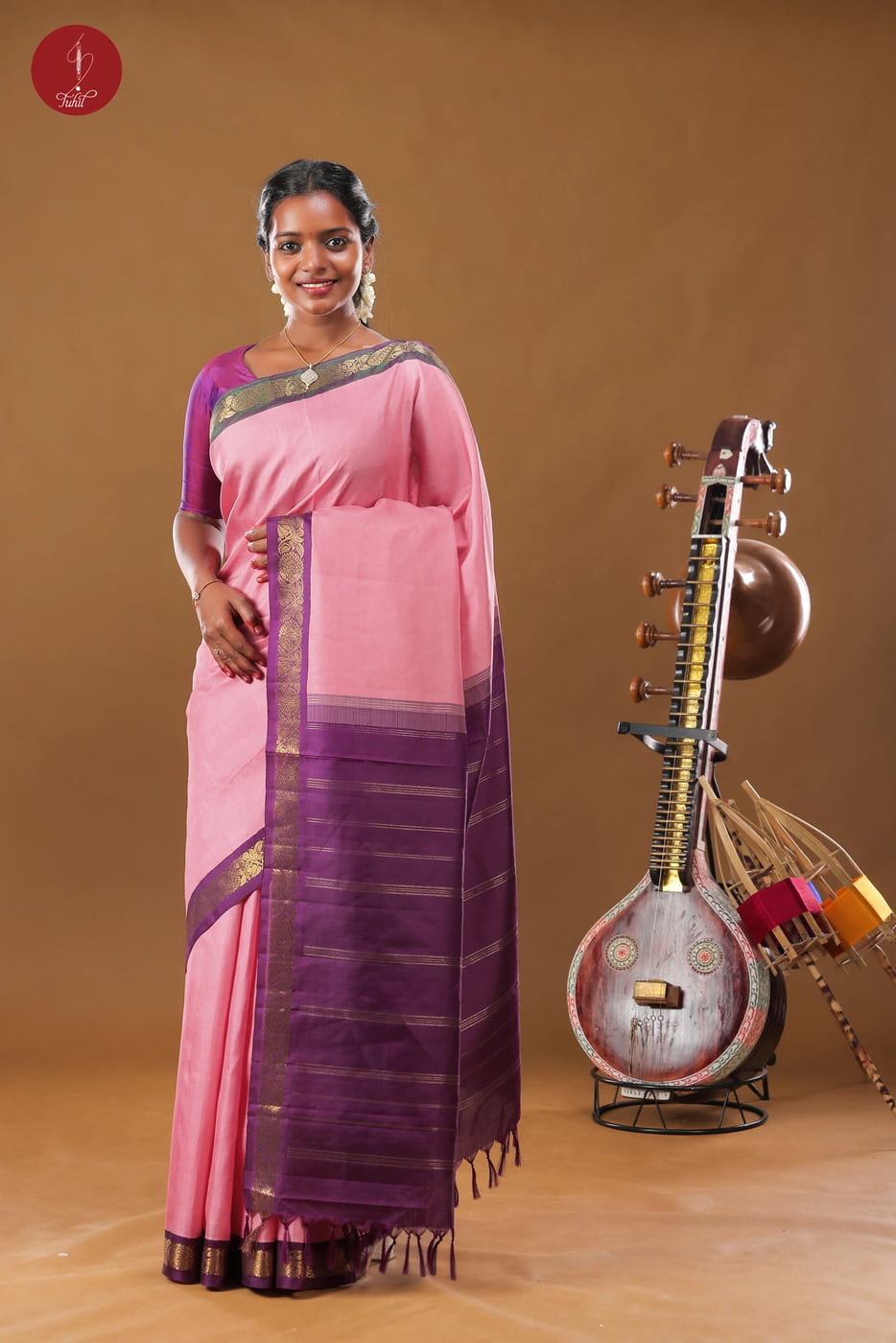 Handloom Kanchipuram Pure Silk Saree - Dark Pink with Green and Wine Ganga Jamuna Border (SHS502)