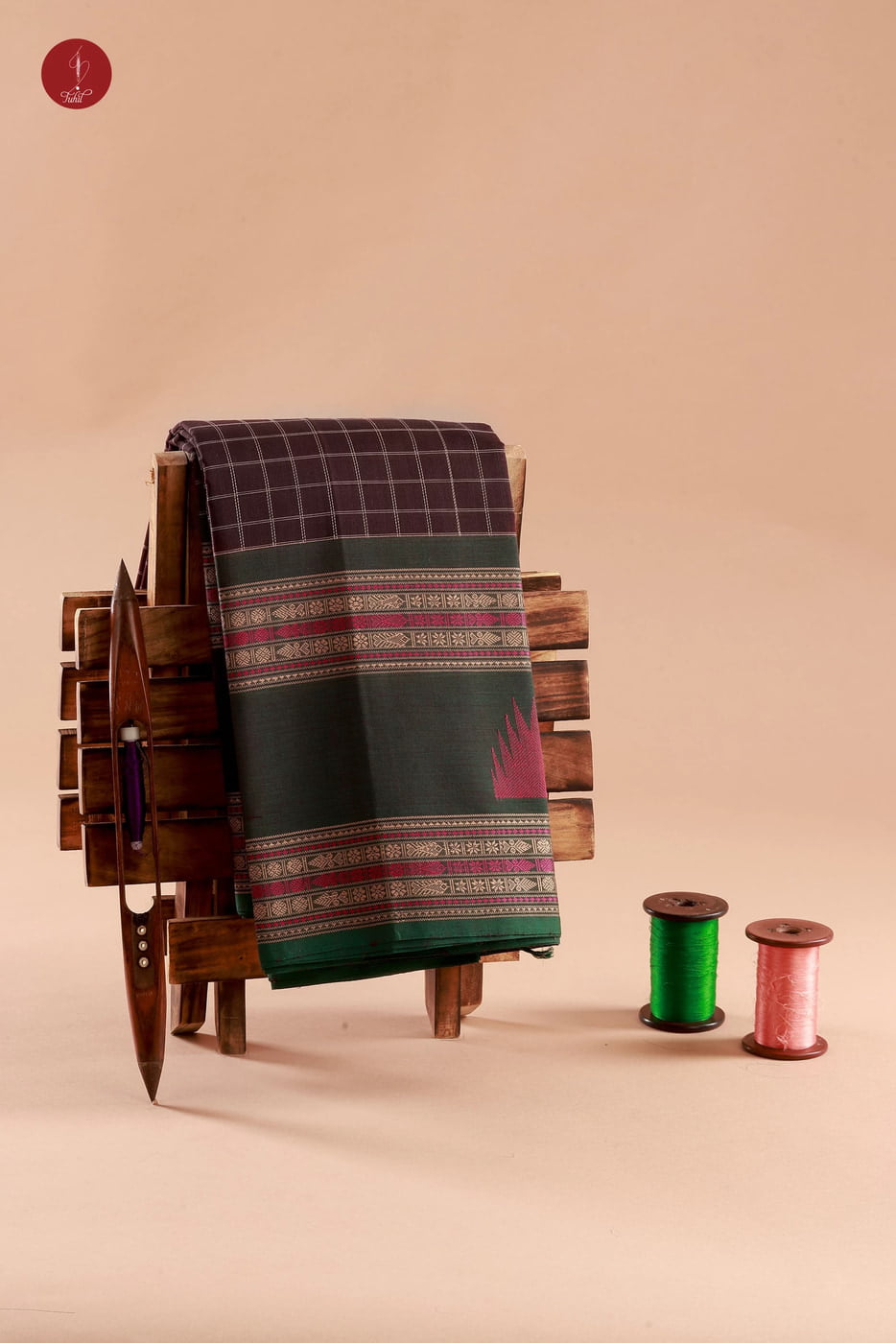 Pure South Cotton Handloom Saree – Coffee Brown with Green Border (SHCC611)