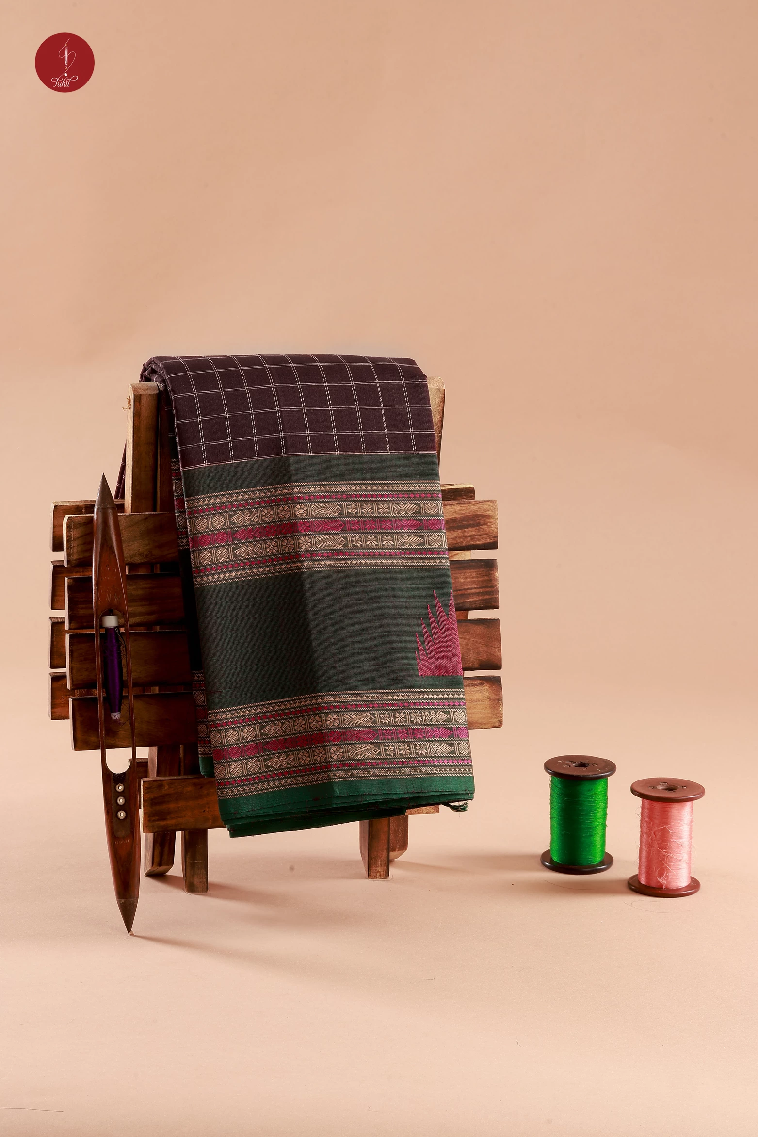 Pure South Cotton Handloom Saree – Coffee Brown with Green Border (SHCC611)