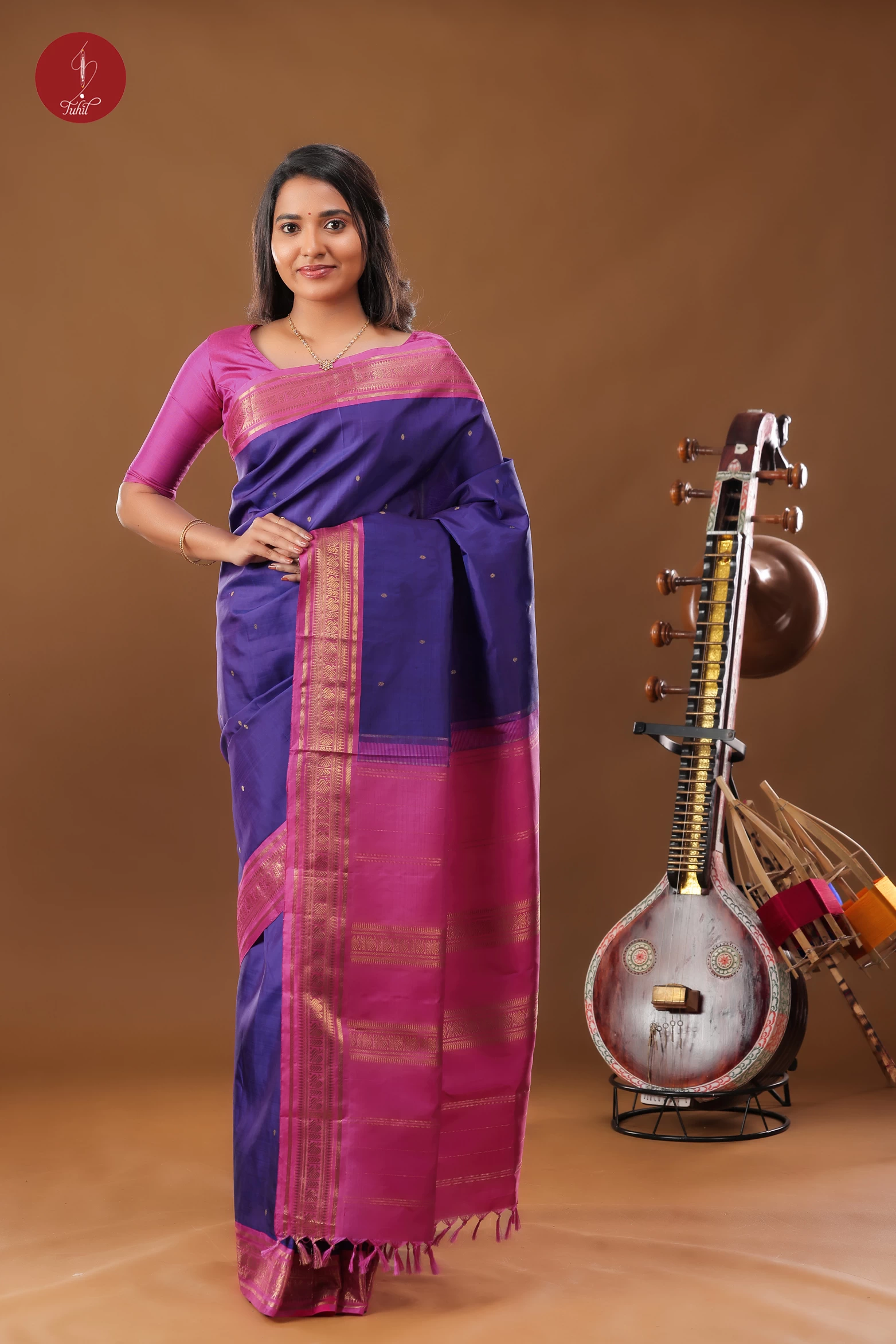Handloom Kanchipuram Pure Silk Saree - Indigo with Rani Pink Border (SHS357)