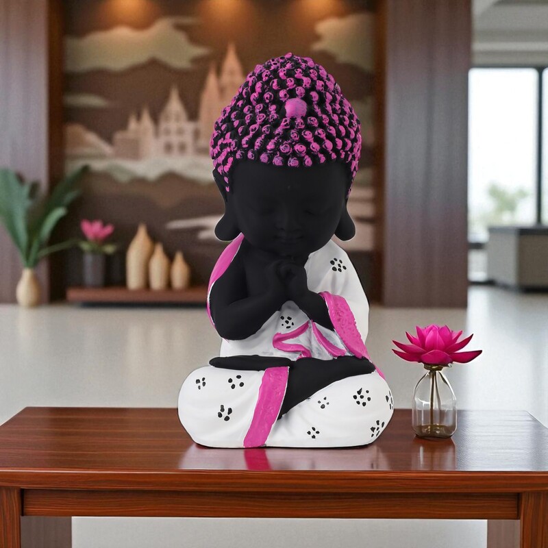Baby Monk Buddha Showpiece for Home Decor (White & Pink) Polyresin – 21 cm