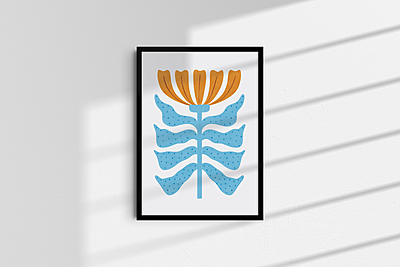 Blue Orange Floral Poster I Abstract Botanical Art