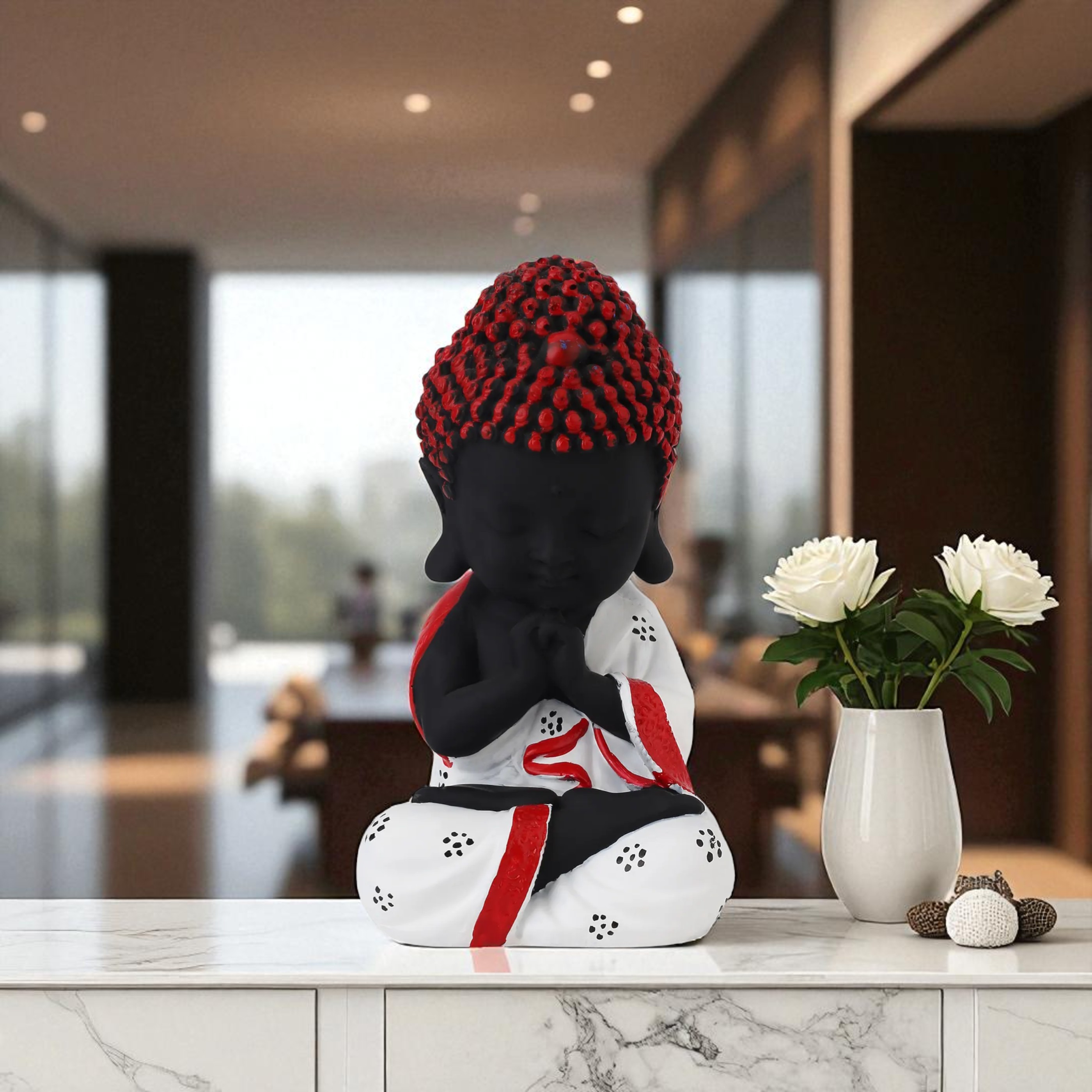 Baby Monk Buddha Showpiece for Home Decor (White & Red) Polyresin – 21 cm