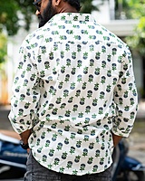 Rawscal Men’s Printed Cotton Shirt – White & Green | Full Sleeves shirt