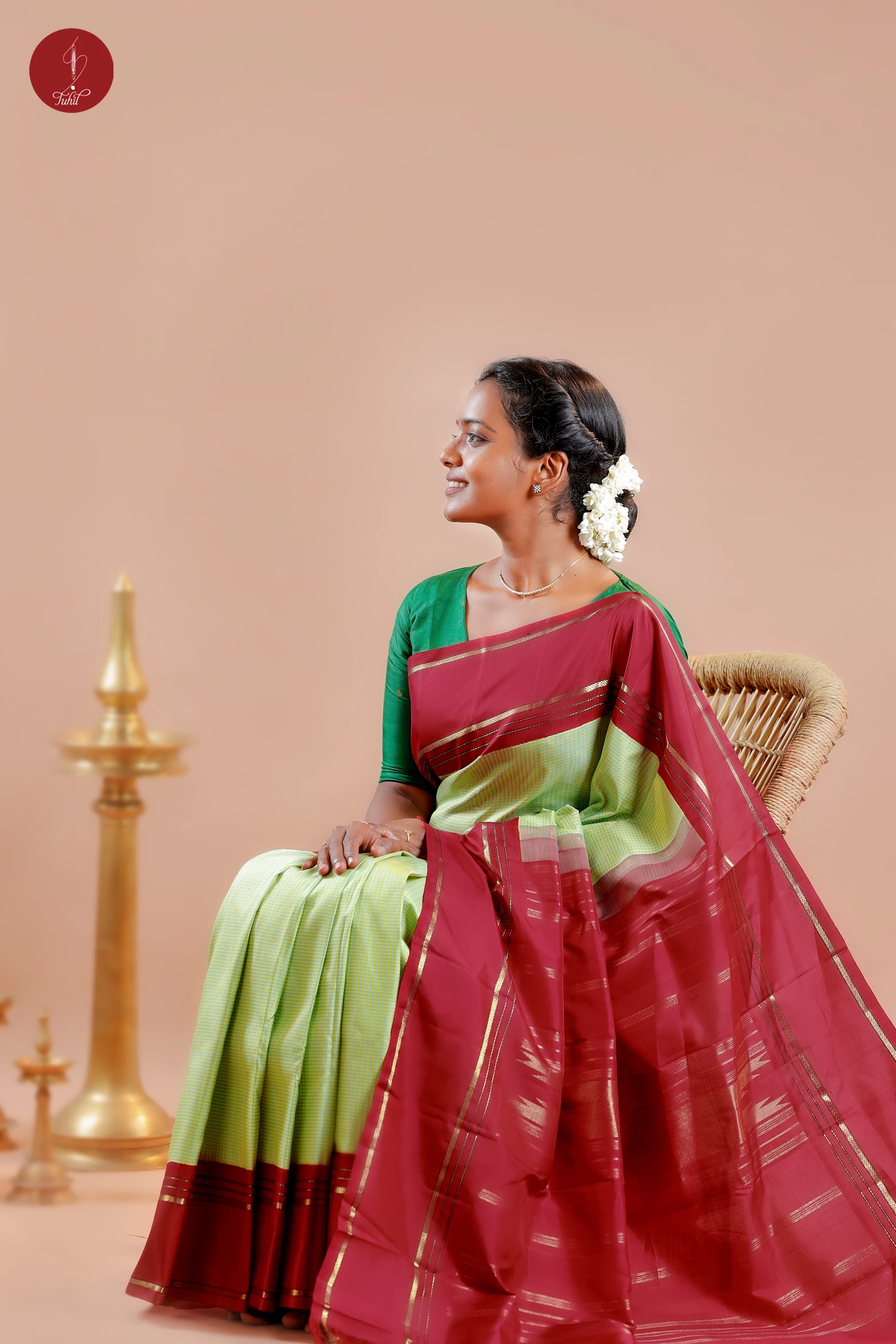 Handloom Kanchipuram Silk Saree - Podi Kattam - Pista-Mustard with Maroon (MS051)