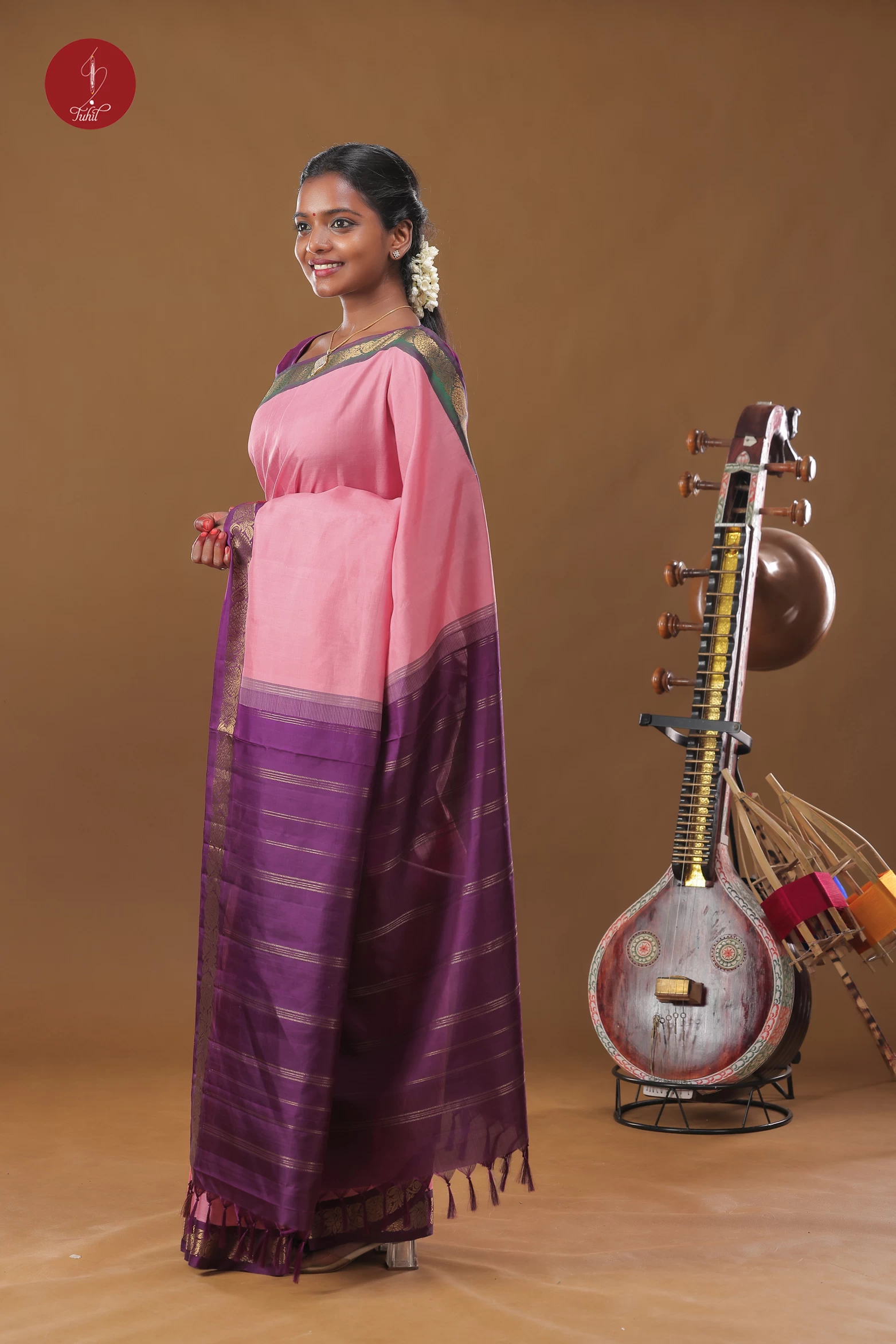 Handloom Kanchipuram Pure Silk Saree - Dark Pink with Green and Wine Ganga Jamuna Border (SHS502)