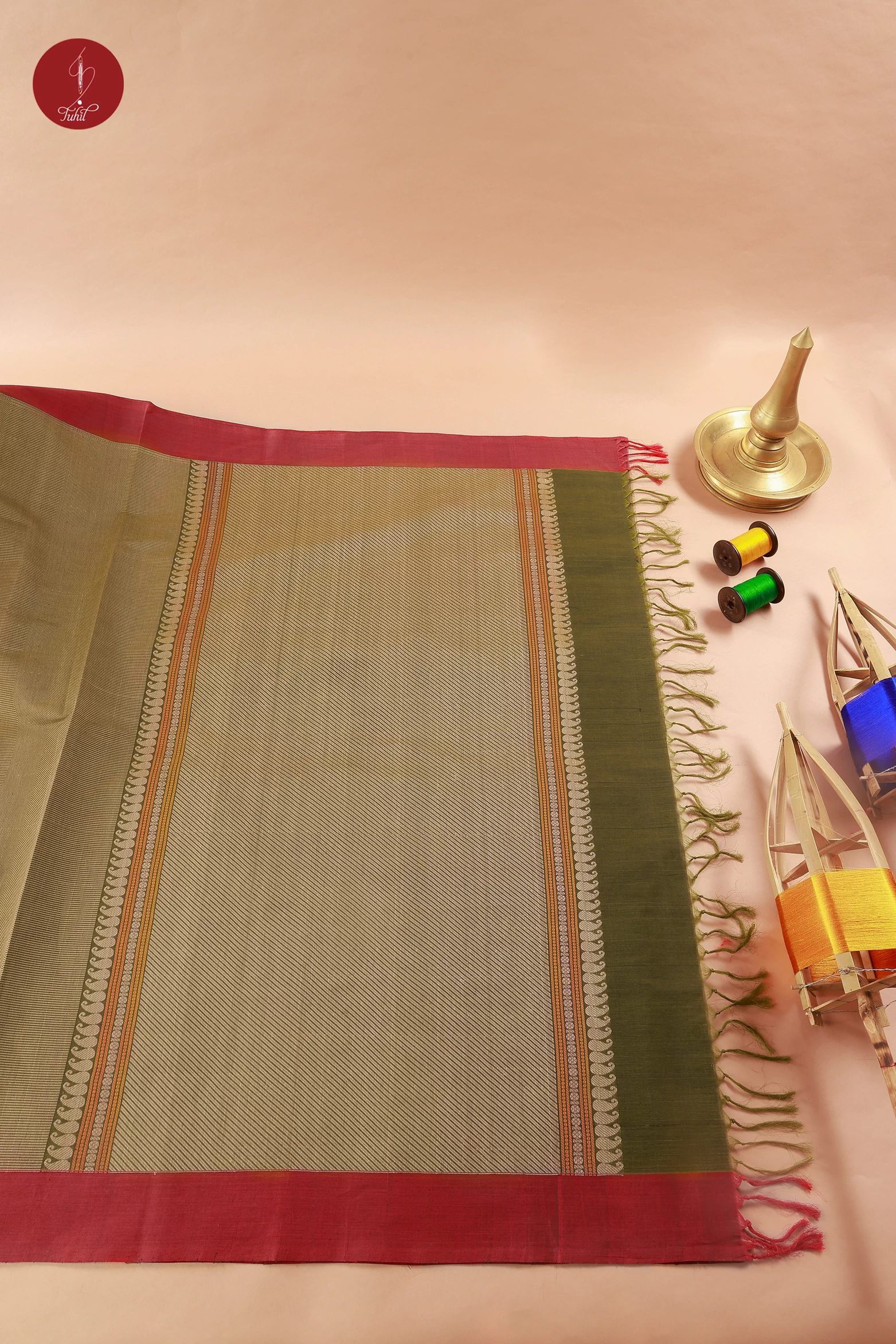 Pure South Cotton Handloom Saree – Leaf Green with Red Border (SHCC529)