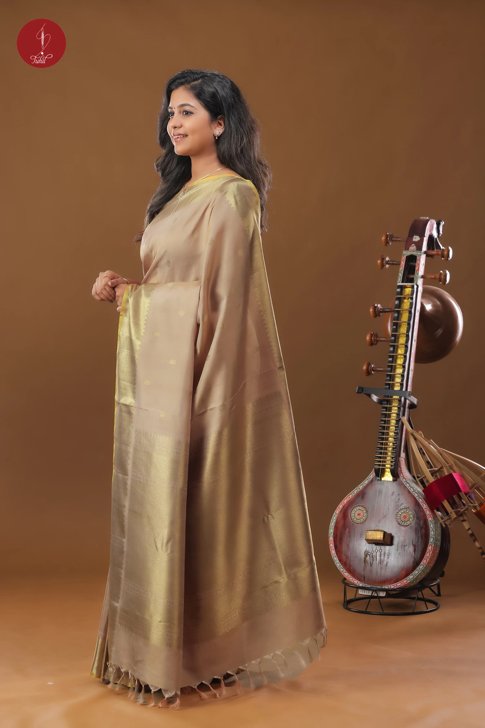 Handloom Kanchipuram Pure Silk Saree - Deep Gold with Bavanji Border (SHS344)