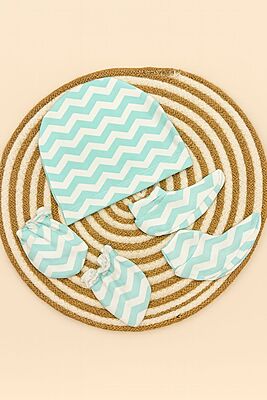 Mint Wave Baby Cap, Mittens & Booties Set
