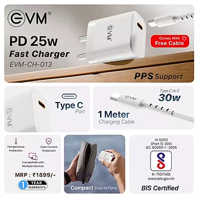 WALL CHARGER EVM PD 25W WITH C TO C CABLE (CH-013)