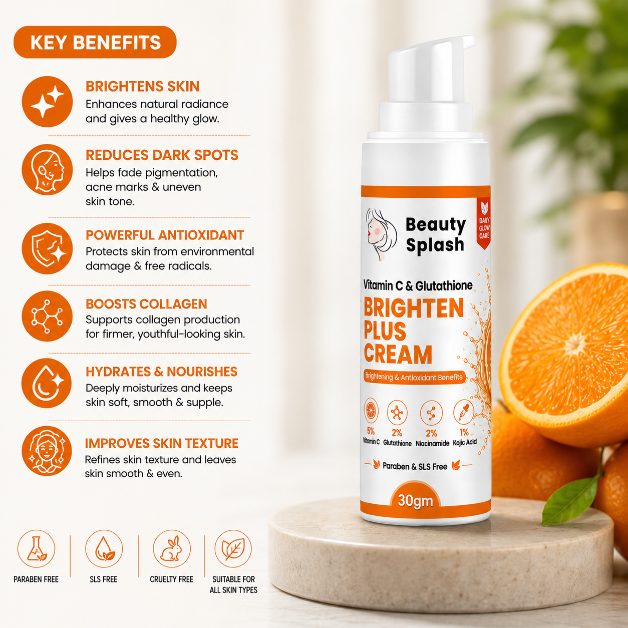 Beauty Splash Vitamin C & Glutathione Brighten Plus Cream for Dark Spots & Pigmentation | 30g