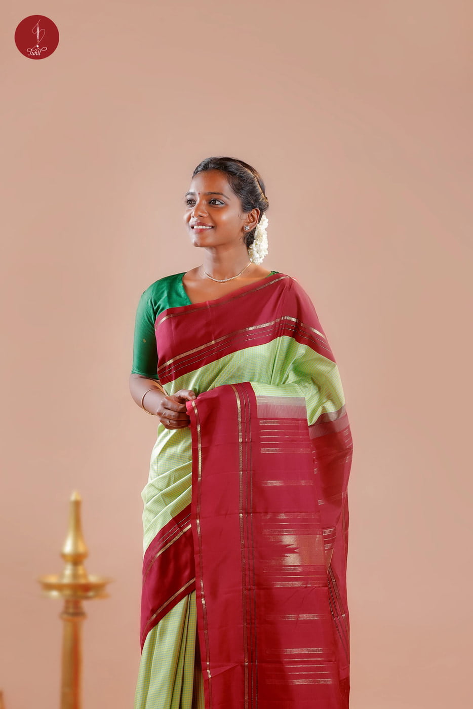 Handloom Kanchipuram Silk Saree - Podi Kattam - Pista-Mustard with Maroon (MS051)