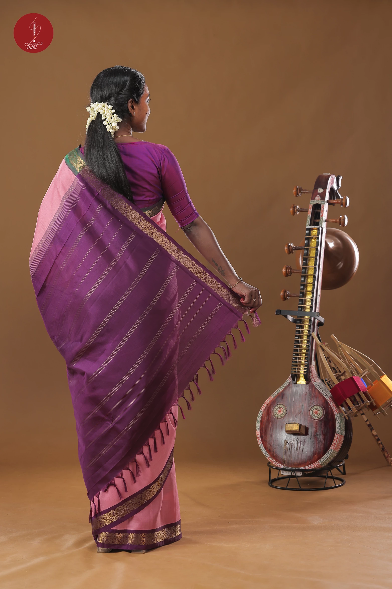 Handloom Kanchipuram Pure Silk Saree - Dark Pink with Green and Wine Ganga Jamuna Border (SHS502)