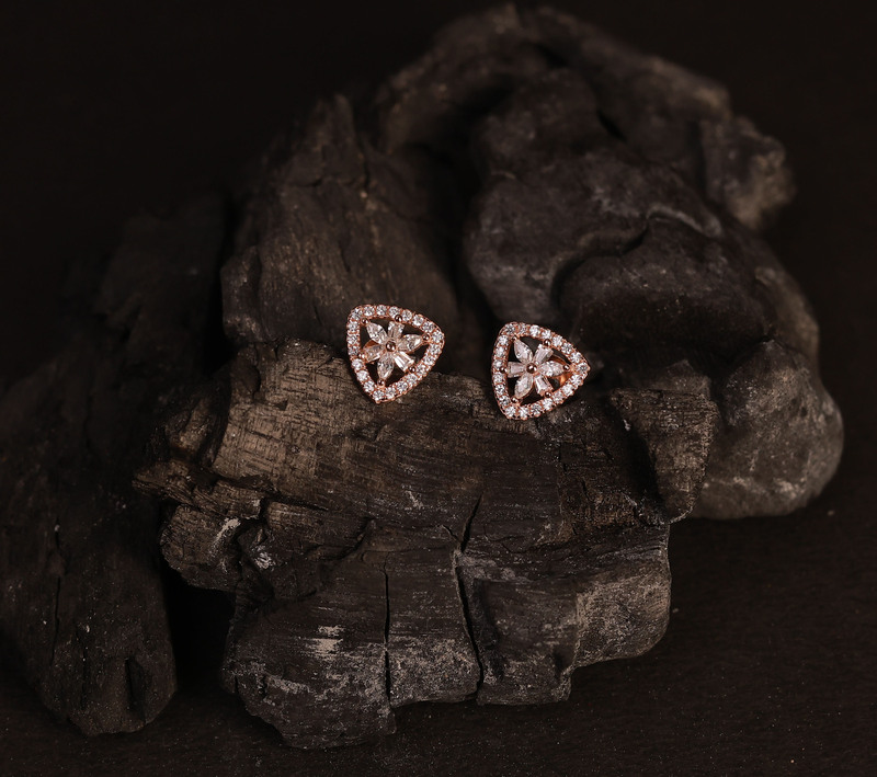 Silver triangle studs with rosegold finish