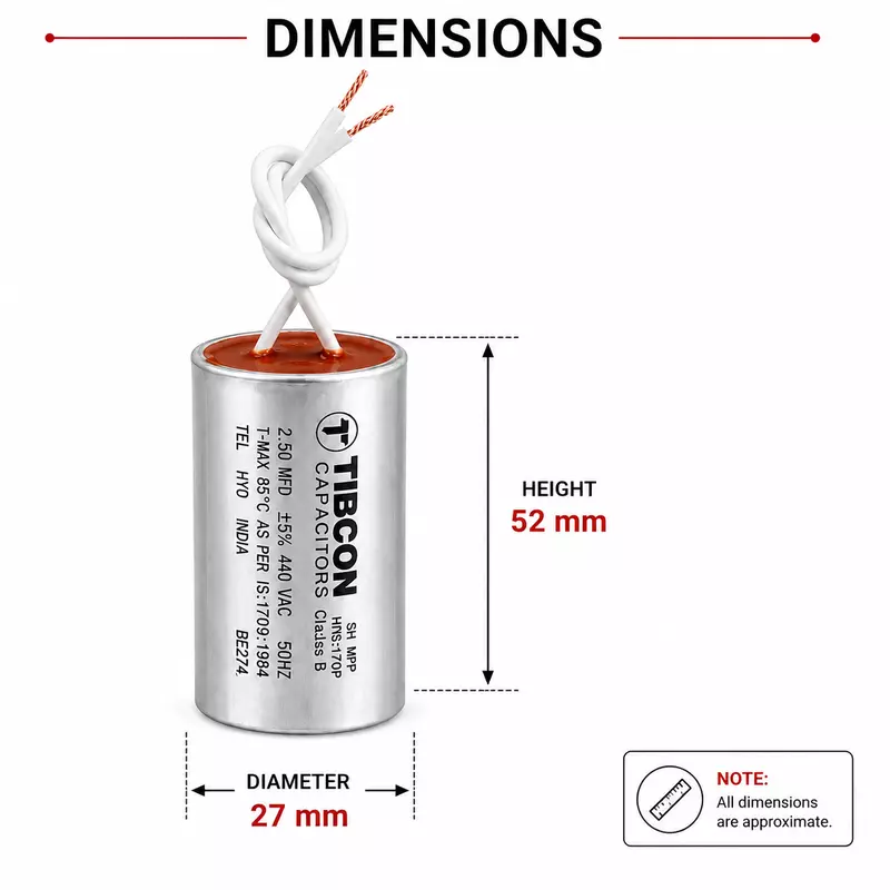Tibcon 2.5 MFD Fan Capacitor | 440V | Oil Filled | Wire Type