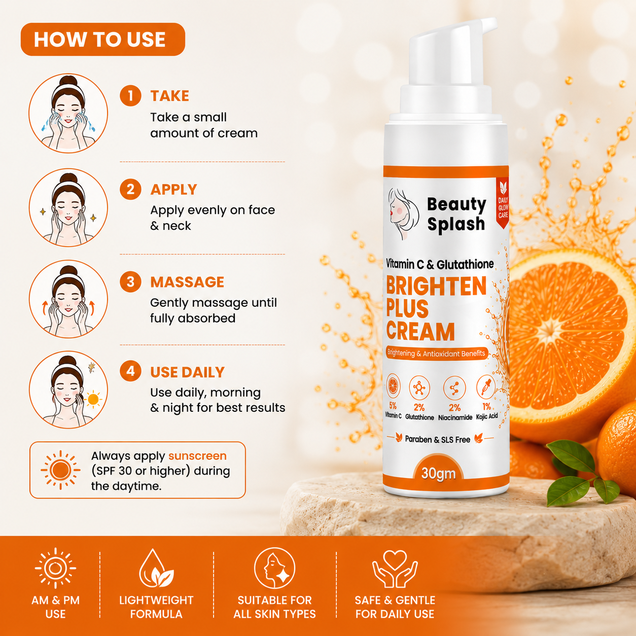Beauty Splash Vitamin C & Glutathione Brighten Plus Cream for Dark Spots & Pigmentation | 30g