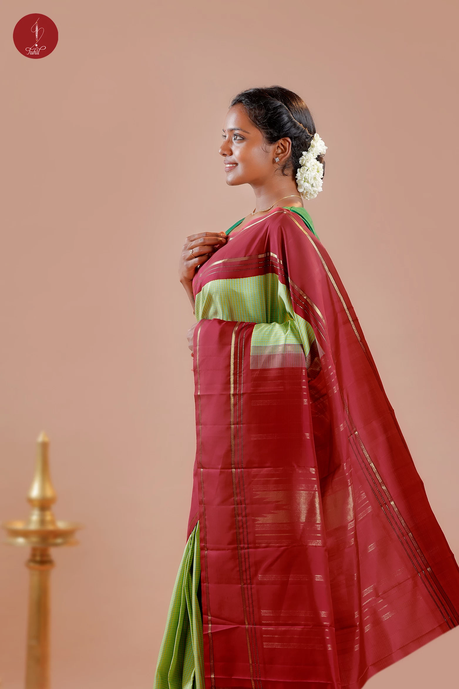 Handloom Kanchipuram Silk Saree - Podi Kattam - Pista-Mustard with Maroon (MS051)
