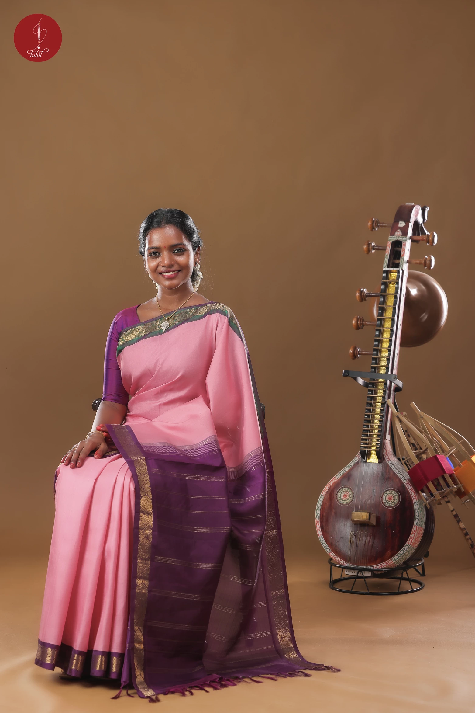 Handloom Kanchipuram Pure Silk Saree - Dark Pink with Green and Wine Ganga Jamuna Border (SHS502)