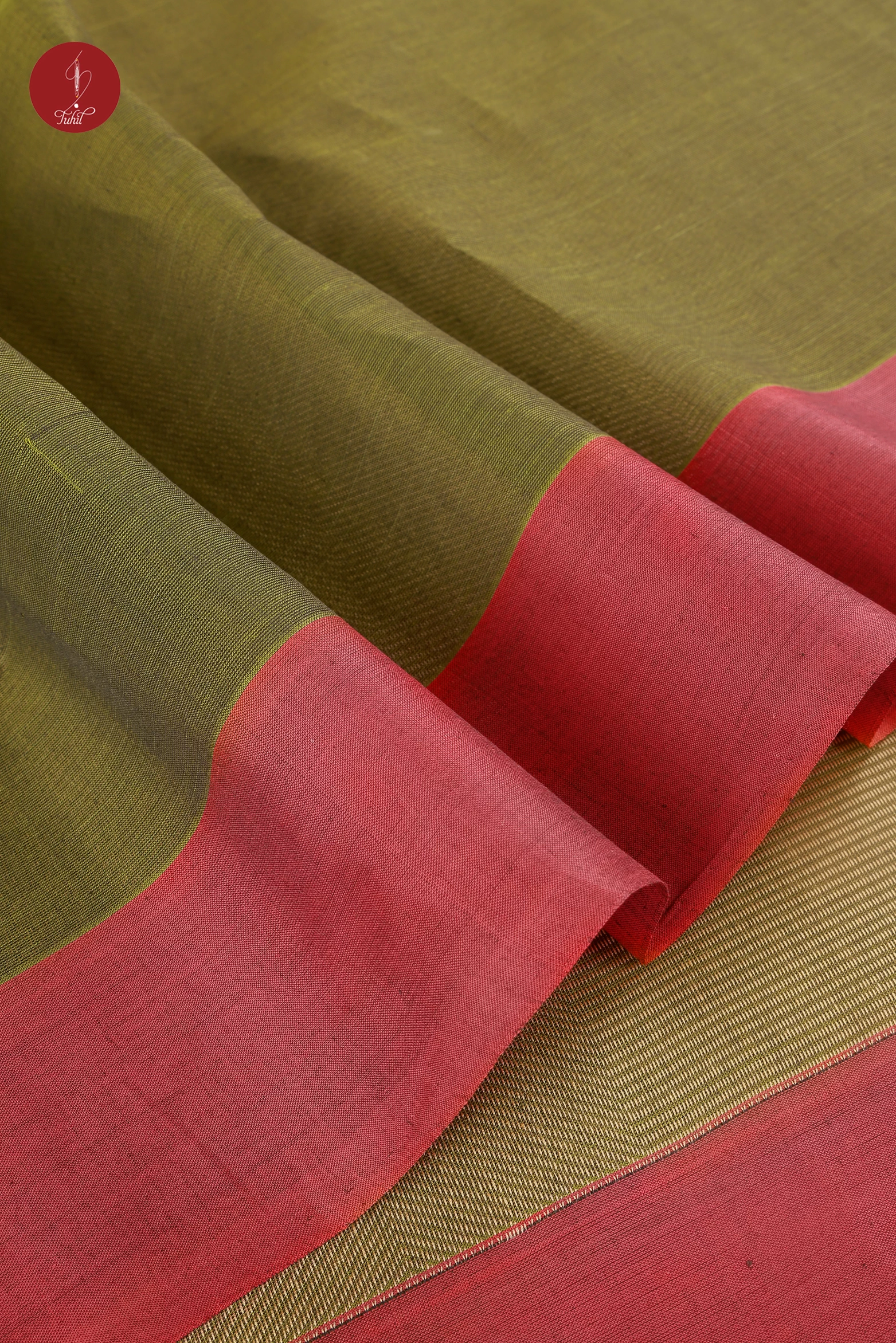 Pure South Cotton Handloom Saree – Leaf Green with Red Border (SHCC529)