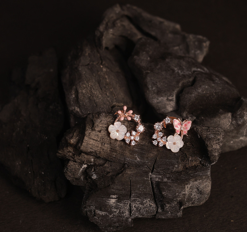 Silver pearl butterfly stud with rosegold finish