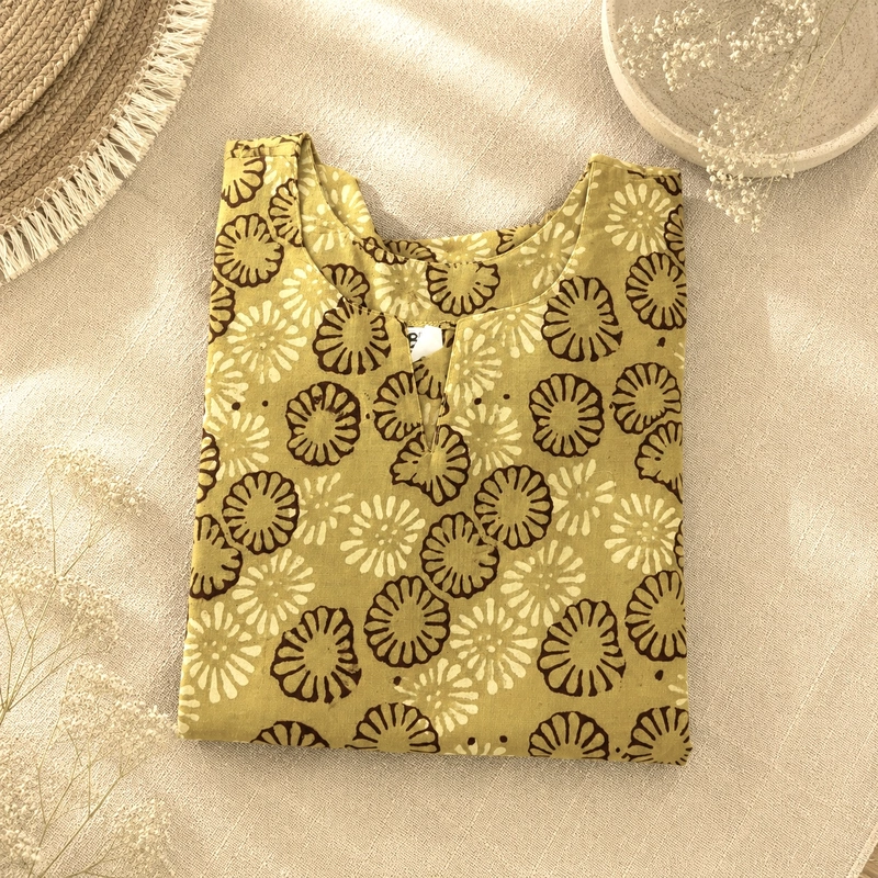 Akola Mustard Block Printed Short Kurti-Medium