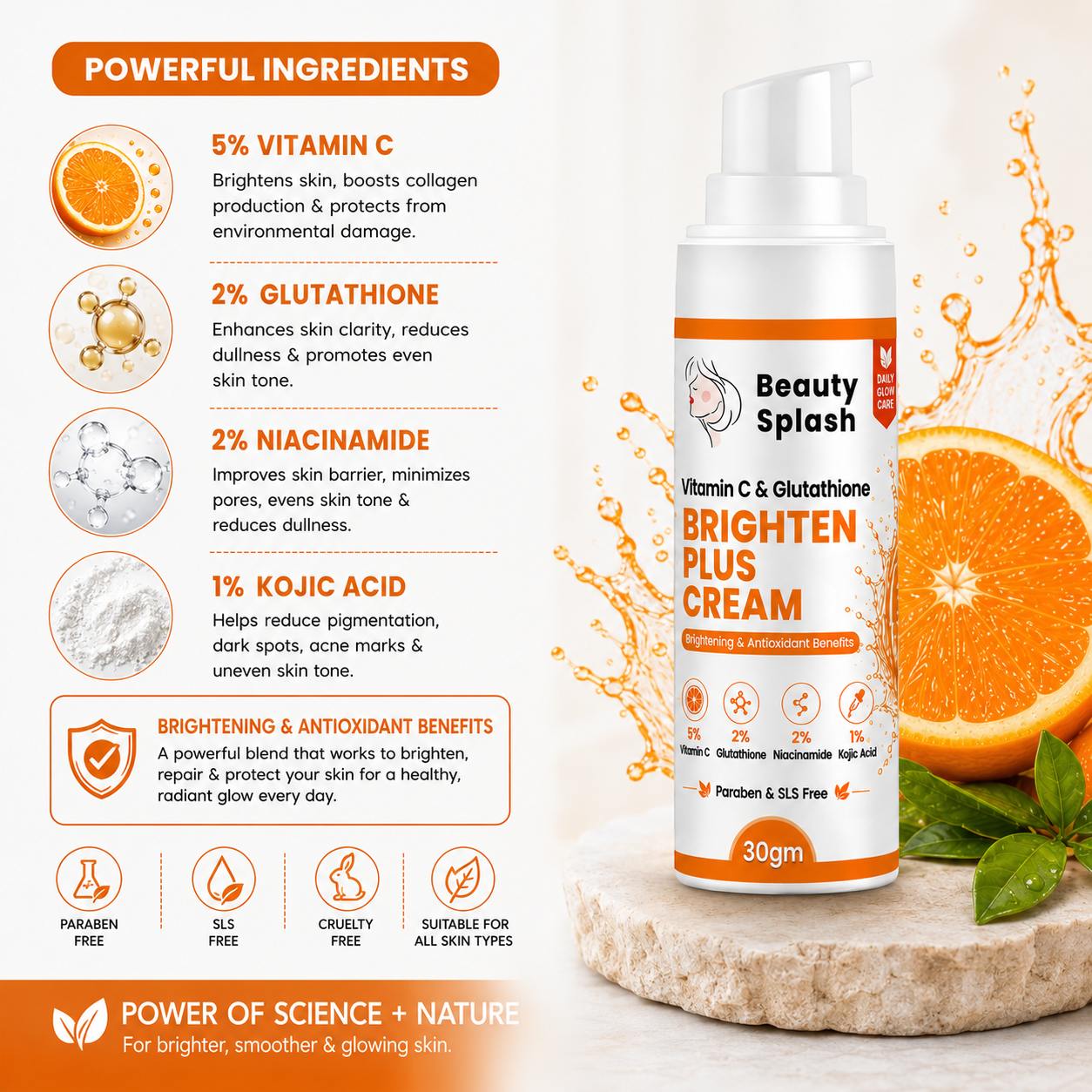 Beauty Splash Vitamin C & Glutathione Brighten Plus Cream for Dark Spots & Pigmentation | 30g