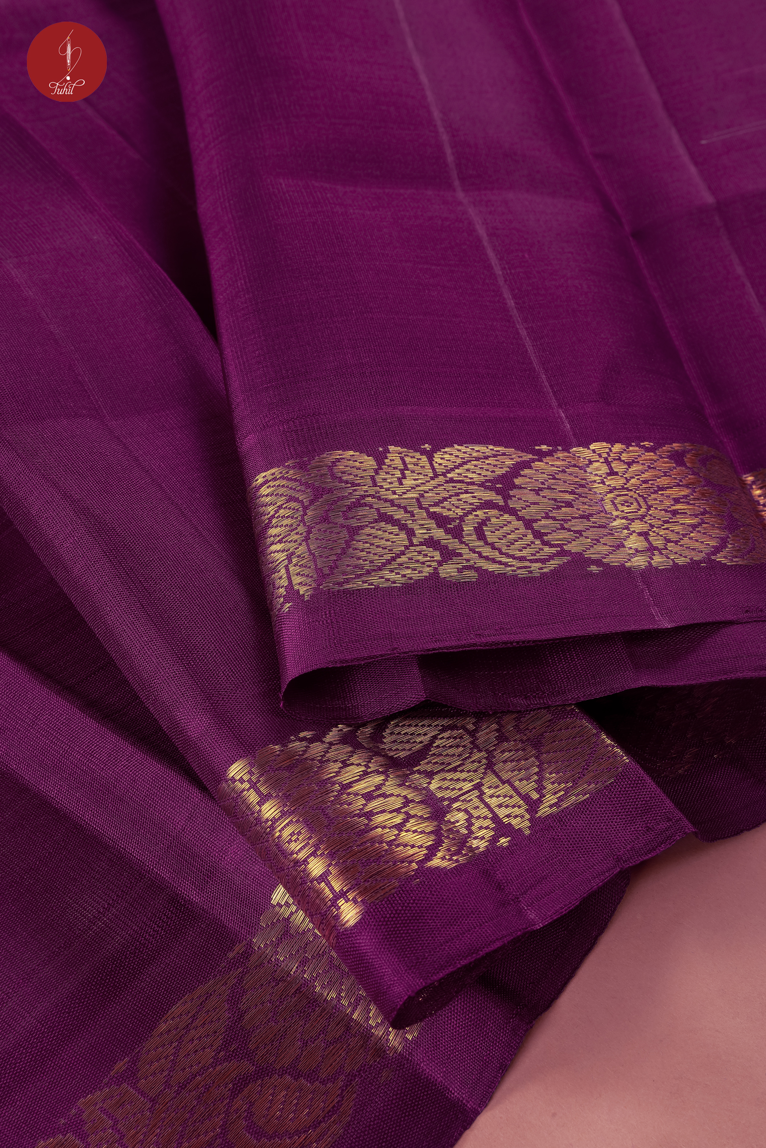 Handloom Kanchipuram Pure Silk Saree - Dark Pink with Green and Wine Ganga Jamuna Border (SHS502)