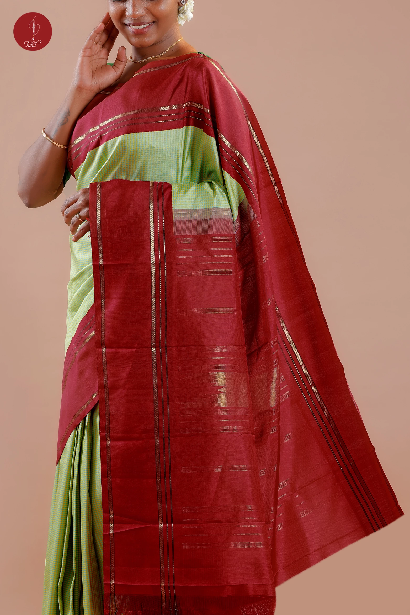Handloom Kanchipuram Silk Saree - Podi Kattam - Pista-Mustard with Maroon (MS051)