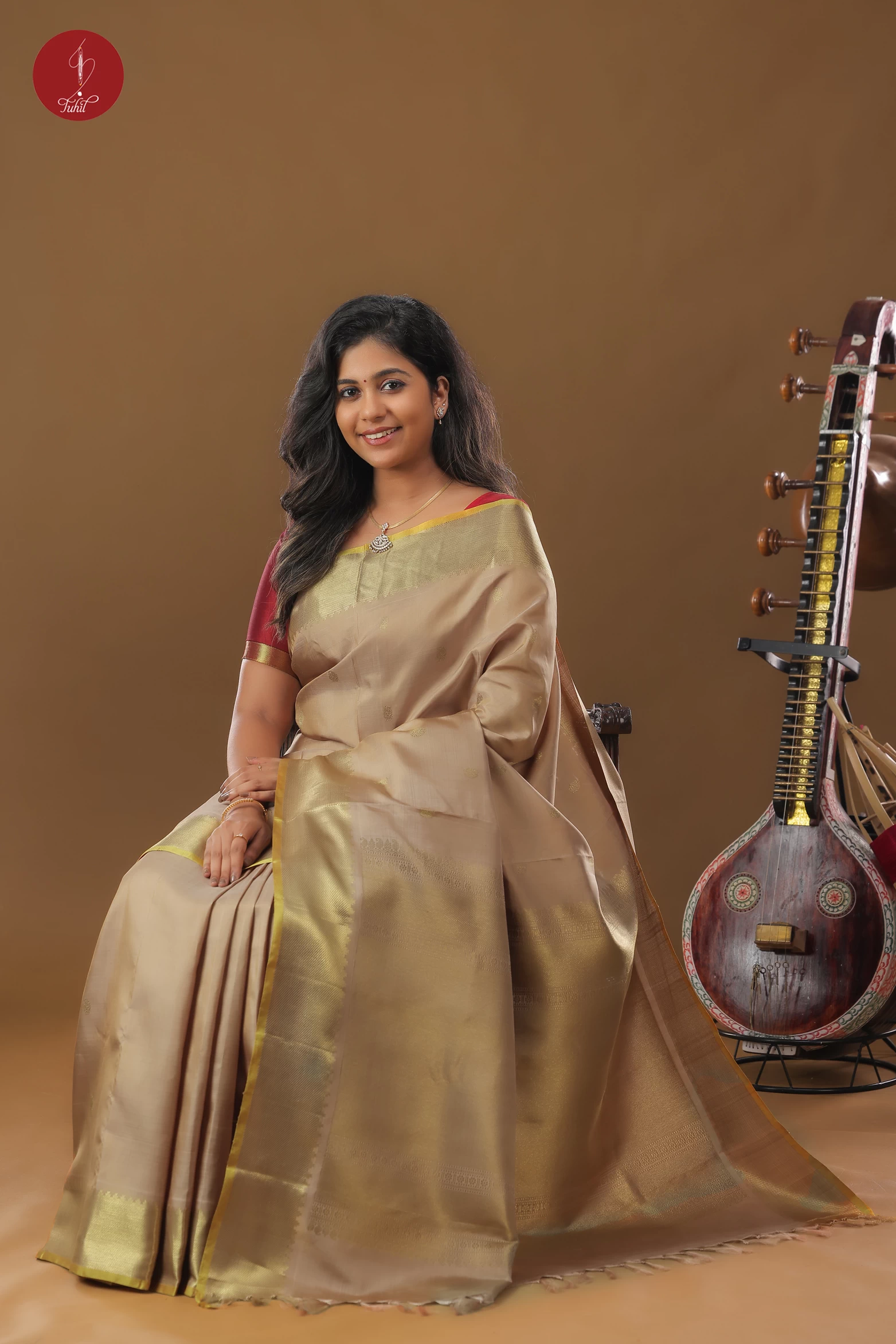 Handloom Kanchipuram Pure Silk Saree - Deep Gold with Bavanji Border (SHS344)