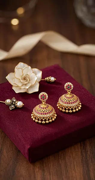 Ruby and Emarald Small Flowershaped Stud Golden Ear Ring