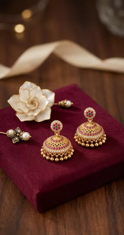 Ruby and Emarald Small Flowershaped Stud Golden Ear Ring