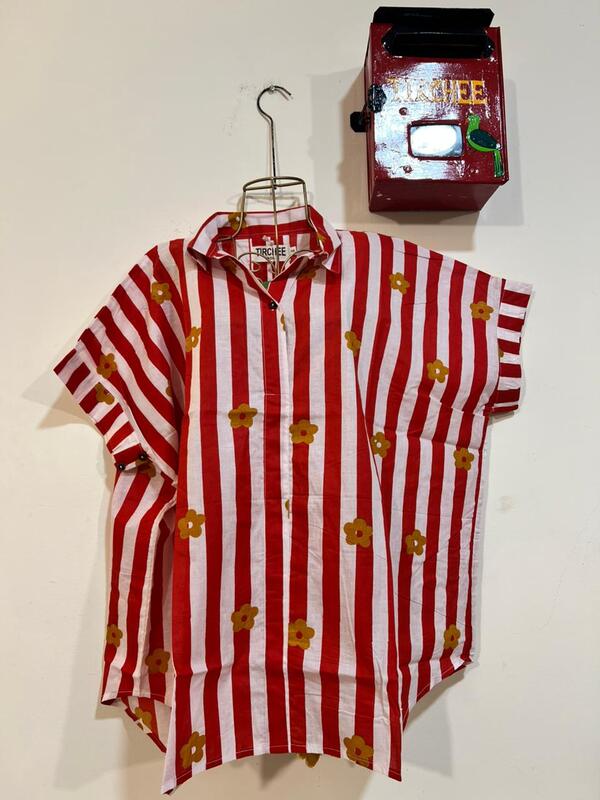 Ishq's Small Anti-fit with Back Open & Tie - Red & White Stripes with Flowers