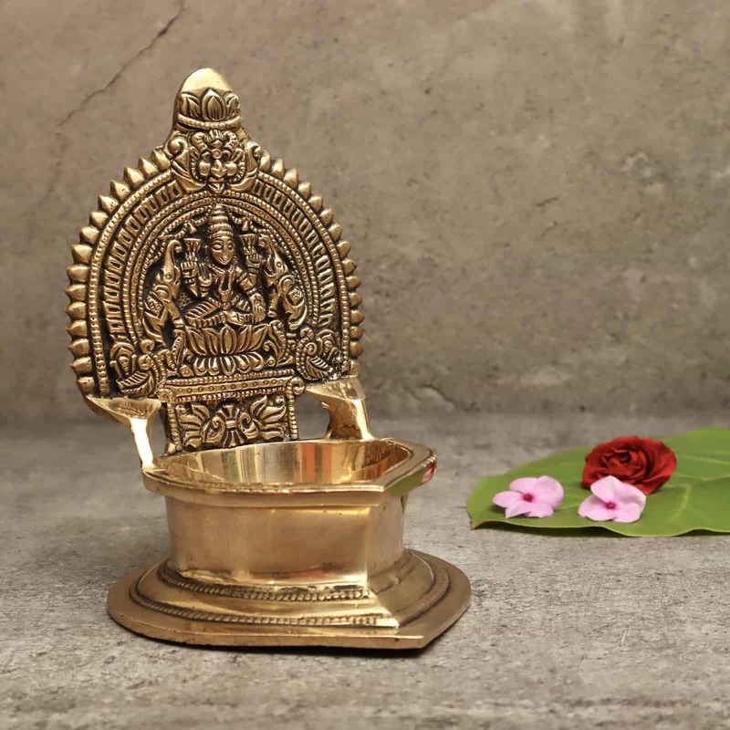 Brass Gaja Lakshmi Deepam/Lamp - 6 inch Height | Divine Brass Deepam/Lamp with Gaja Lakshmi Design for Auspicious Illumination